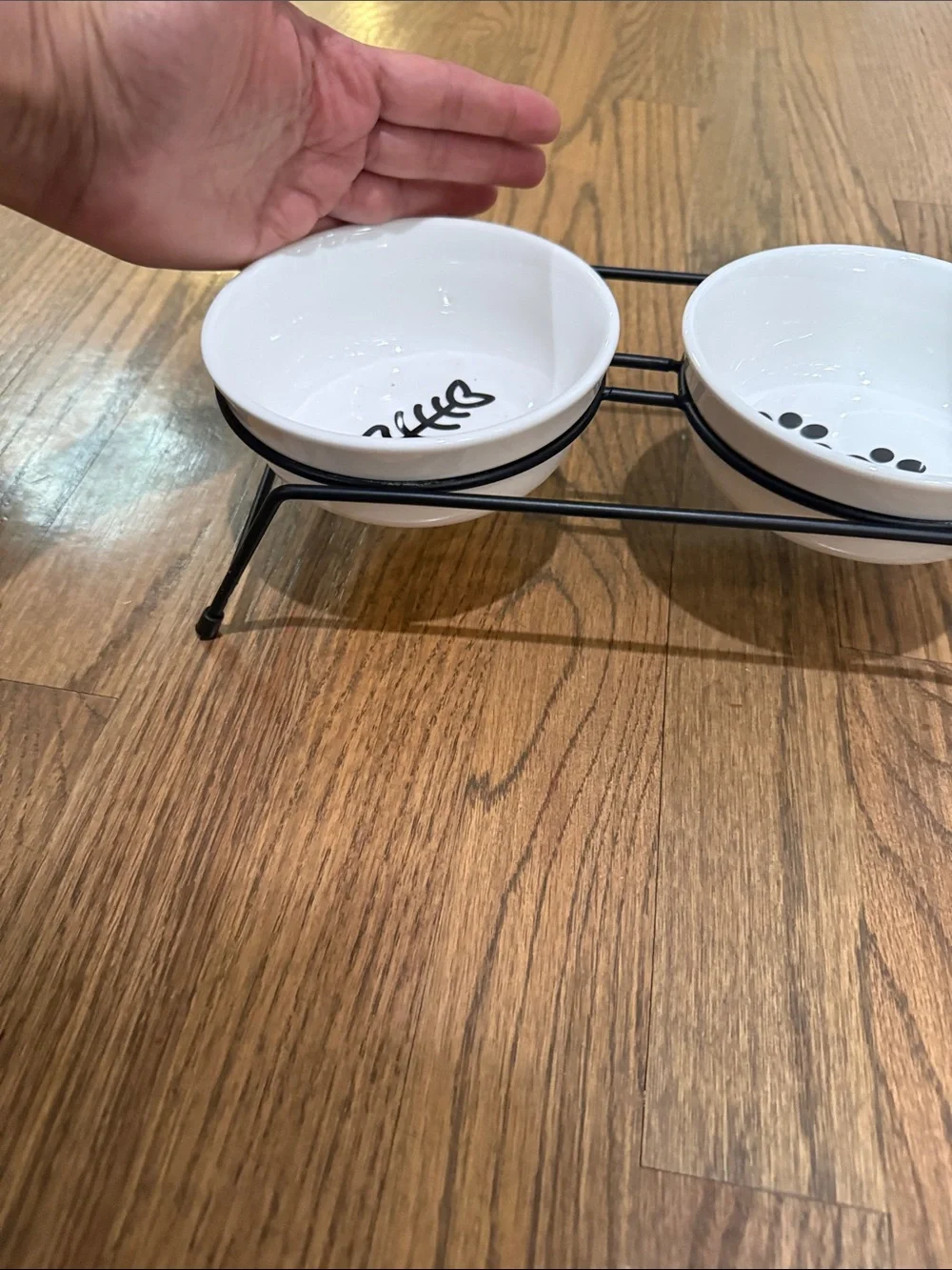 White Ceramic Double Dog Bowl Set with Black Stand - Paw & Fishbone Accent